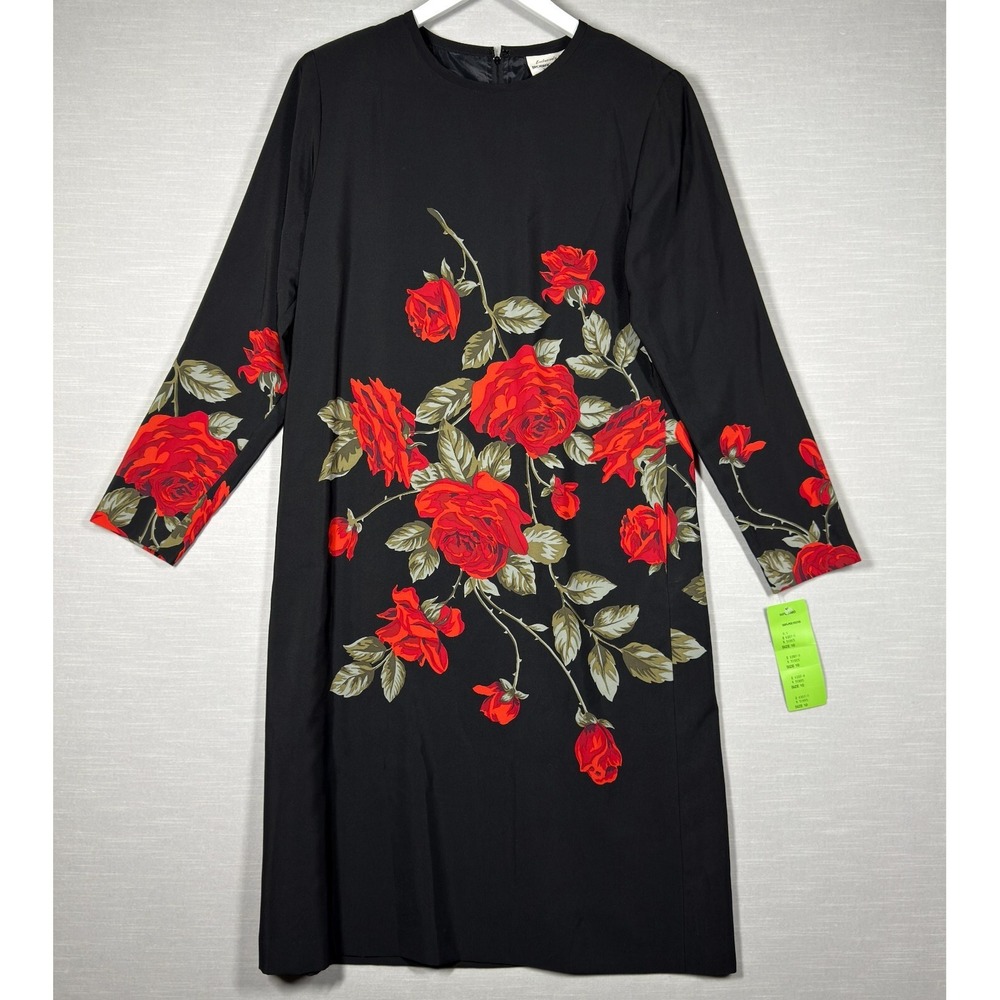 Vintage Brownstone Studio Dress Womens 10 Black Floral Rose Midi Long Sleeve 90s